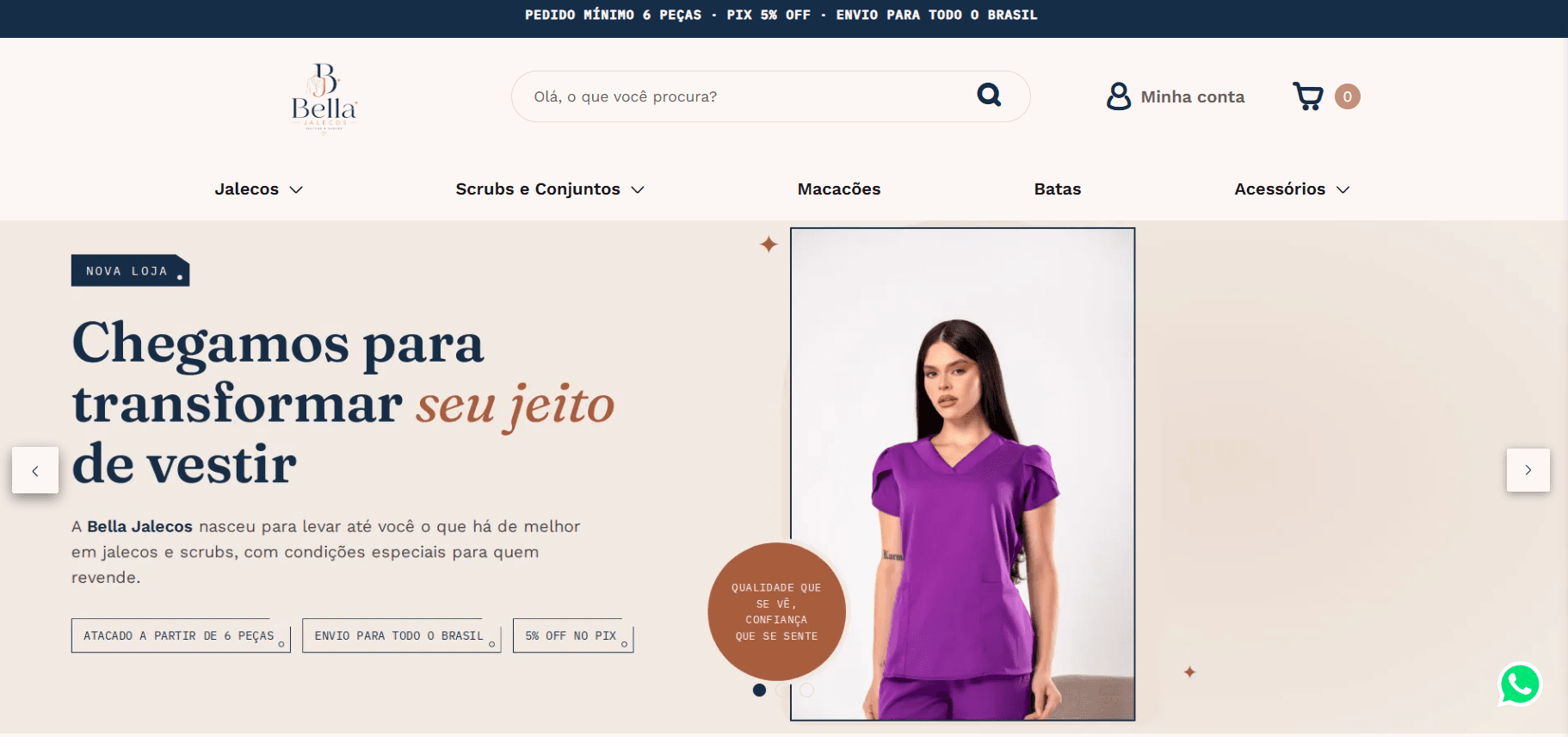 Página inicial do e-commerce atacadista Bella Jalecos.