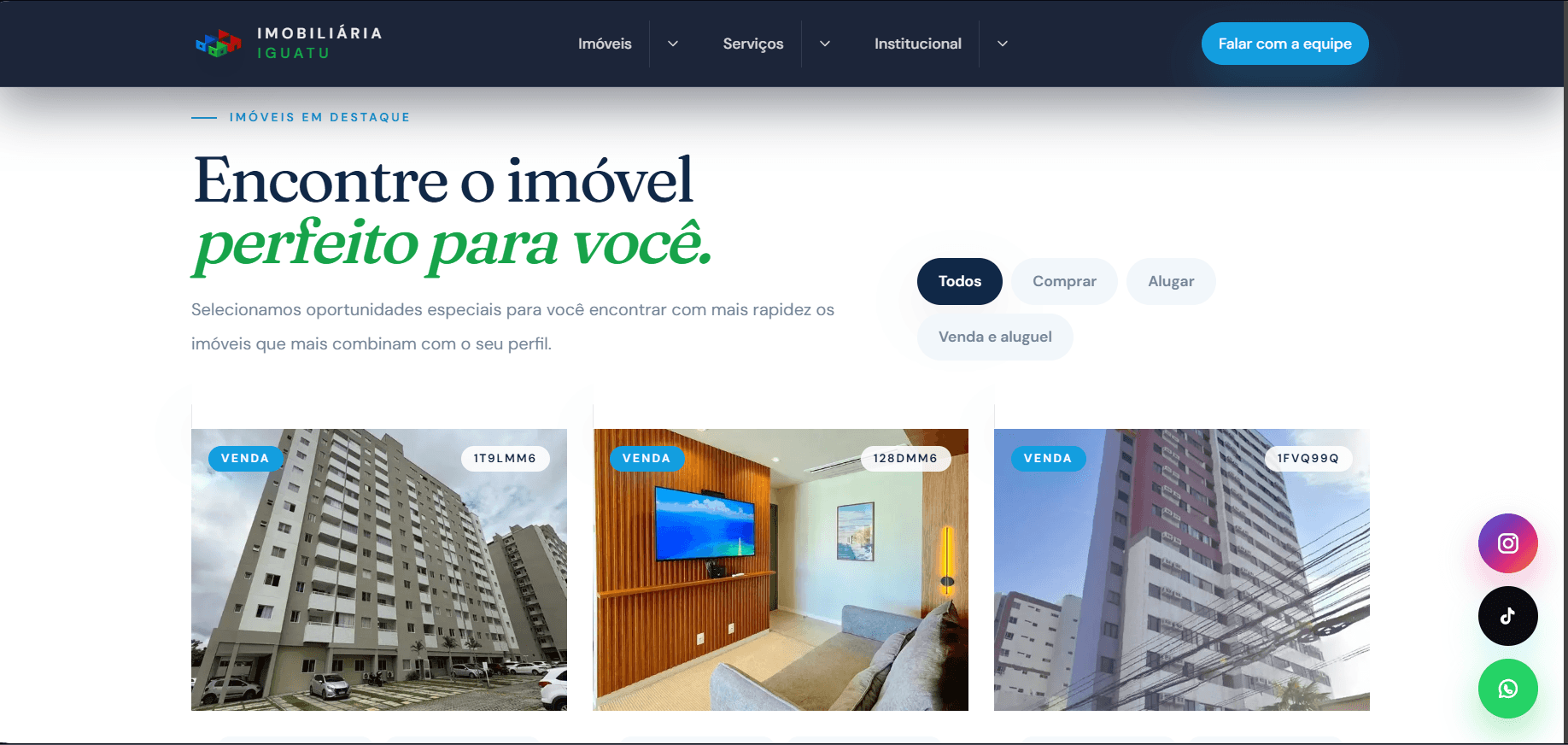 Página do site da Imobiliária Iguatu com catálogo e filtros de imóveis.